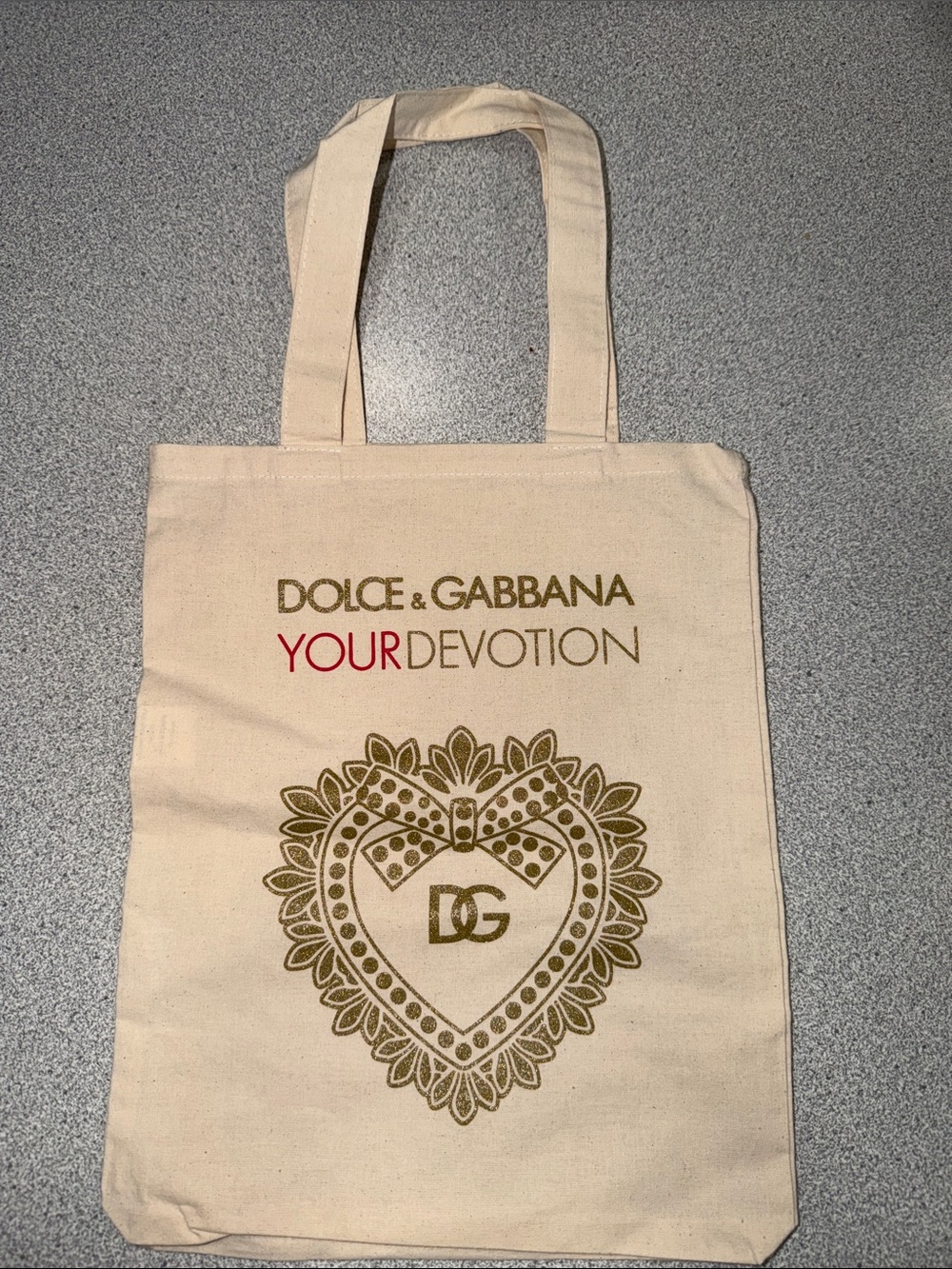 Dolce & Gabbana Cream Canvas Tote with Gold Heart and Red Accent